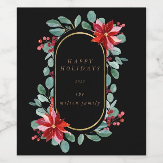 Red Poinsettia Holiday Floral Monogram Wijnlabel Wijn Etiket (Enkel label)