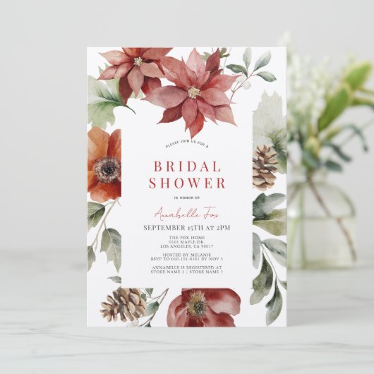 Red Poinsettia Holiday Floral Vrijgezellenfeest Kaart (Staand voorkant)