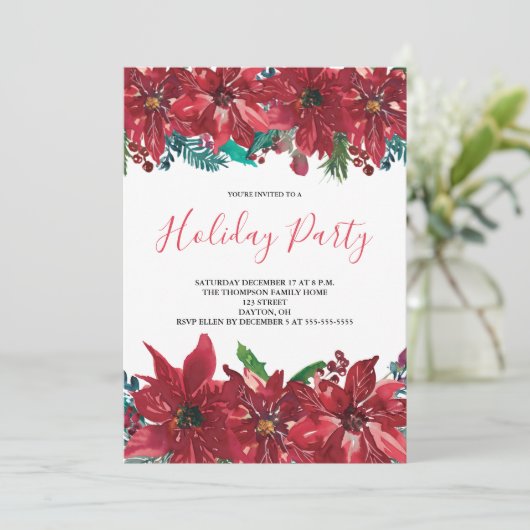 Red Poinsettia Holiday Partij Kaart (Staand voorkant)