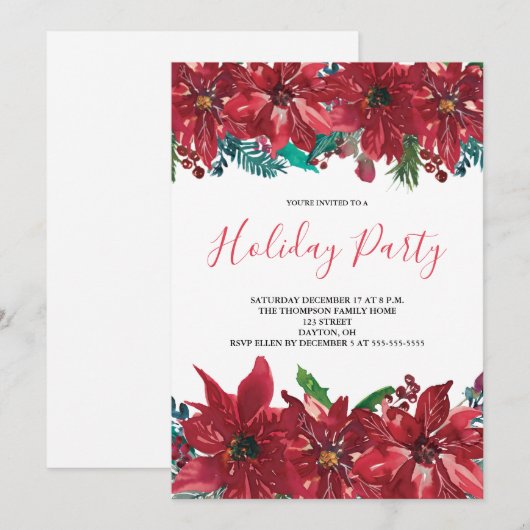 Red Poinsettia Holiday Partij Kaart (Voorkant / Achterkant)