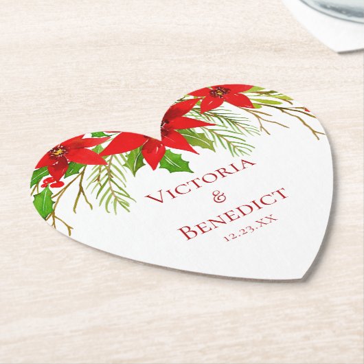 Red Poinsettia Holiday Wedding Custom Heart Kartonnen Onderzetters (Gekanteld)