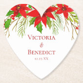 Red Poinsettia Holiday Wedding Custom Heart Kartonnen Onderzetters (Voorkant)