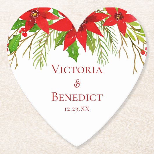 Red Poinsettia Holiday Wedding Custom Heart Kartonnen Onderzetters (Voorkant)
