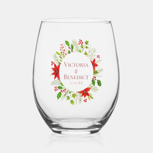 Red Poinsettia Holiday Wedding gepersonaliseerd Wijnglas Zonder Voet (Voorkant)