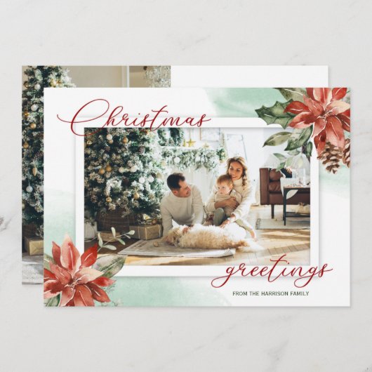 Red Poinsettia Holly 2-kerstkaart (Voorkant / Achterkant)