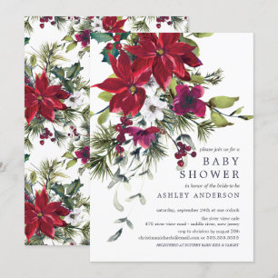 Red Poinsettia Holly Baby shower Kaart