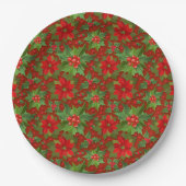 Red Poinsettia Holly Floral Pattern | Kerstmis Papieren Bordje (Voorkant)