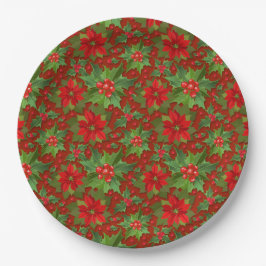Red Poinsettia Holly Floral Pattern | Kerstmis Papieren Bordje