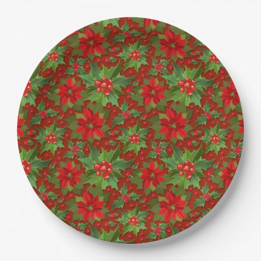 Red Poinsettia Holly Floral Pattern | Kerstmis Papieren Bordje (Voorkant)