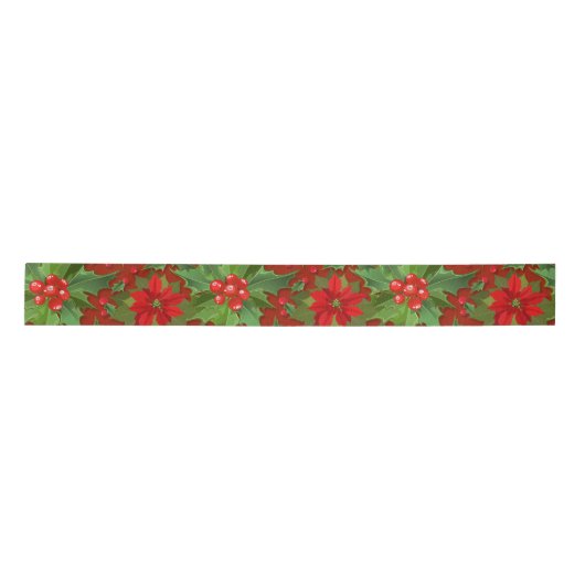 Red Poinsettia Holly Floral Pattern | Kerstmis Satijnen Lint (Voorkant)