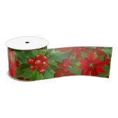 Red Poinsettia Holly Floral Pattern | Kerstmis Satijnen Lint (Spoel)