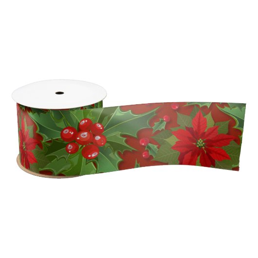 Red Poinsettia Holly Floral Pattern | Kerstmis Satijnen Lint (Spoel)