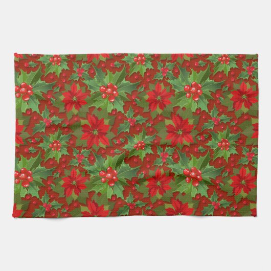 Red Poinsettia Holly Floral Pattern | Kerstmis Theedoek (Horizontaal)