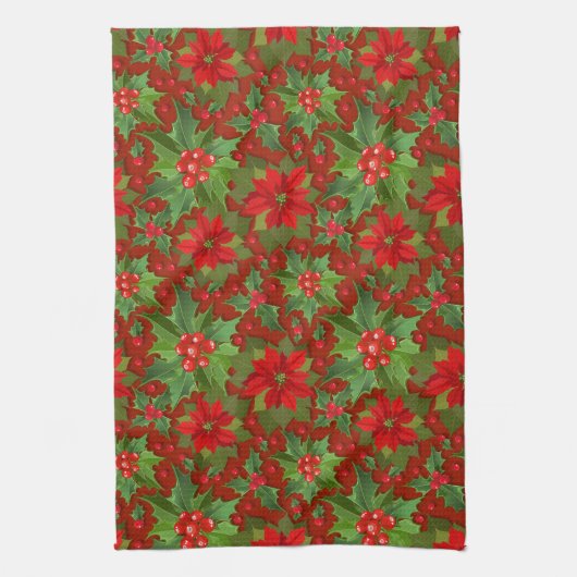 Red Poinsettia Holly Floral Pattern | Kerstmis Theedoek (Verticaal)