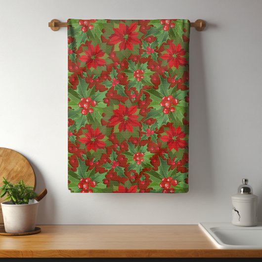 Red Poinsettia Holly Floral Pattern | Kerstmis Theedoek
