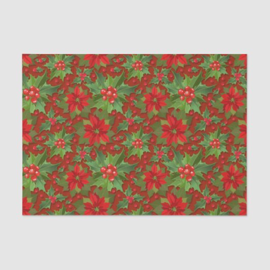 Red Poinsettia Holly Floral Pattern | Kerstmis Tissuepapier (Voorkant)