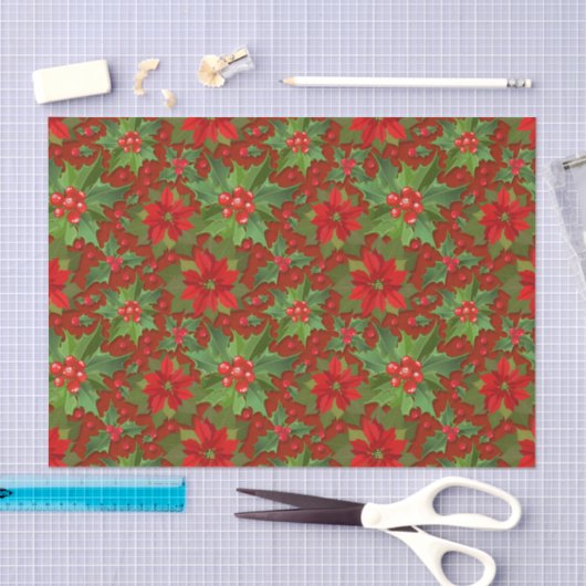 Red Poinsettia Holly Floral Pattern | Kerstmis Tissuepapier (Craft)