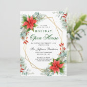Red Poinsettia Holly kerst Holiday Open House Kaart (Staand voorkant)