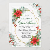 Red Poinsettia Holly kerst Holiday Open House Kaart (Voorkant / Achterkant)