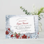 Red Poinsettia Holly kerst Holiday Open House Kaart (Staand voorkant)