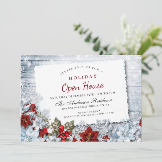 Red Poinsettia Holly kerst Holiday Open House Kaart (Staand voorkant)