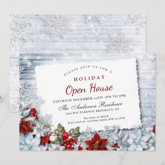 Red Poinsettia Holly kerst Holiday Open House Kaart (Voorkant / Achterkant)