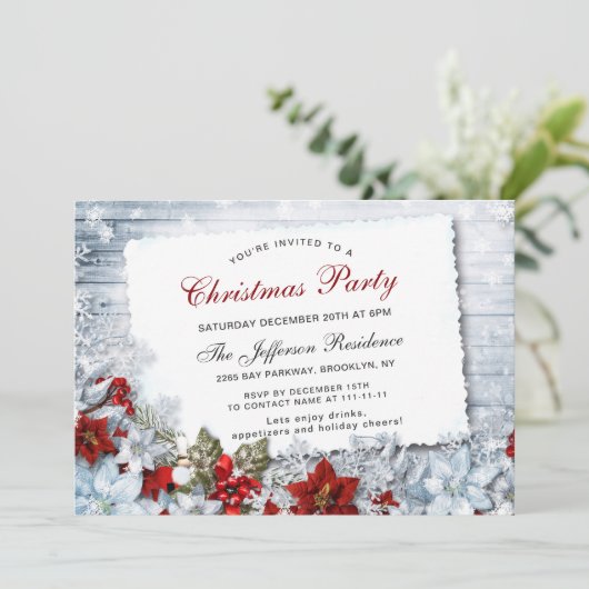 Red Poinsettia Holly Kerstfeest Kaart (Staand voorkant)