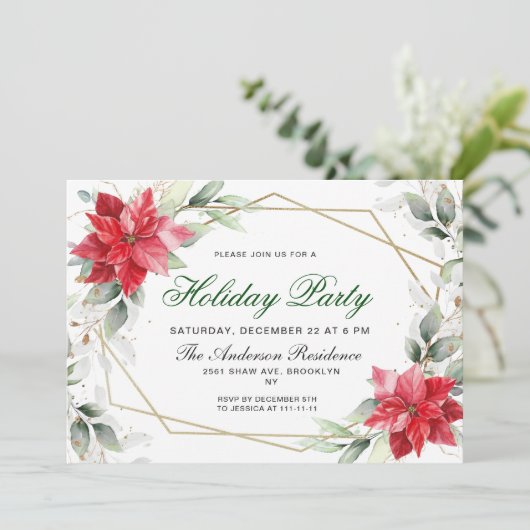 Red Poinsettia Holly Kerstfeestdag Kaart (Staand voorkant)