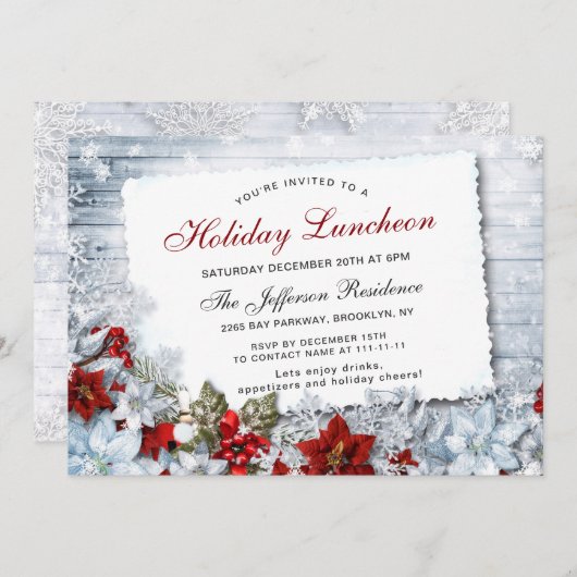 Red Poinsettia Holly Kerstfeestdag Luncheon Kaart (Voorkant / Achterkant)