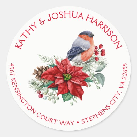 Red Poinsettia Holly Pine Berries Bird kerst Ronde Sticker (Voorkant)