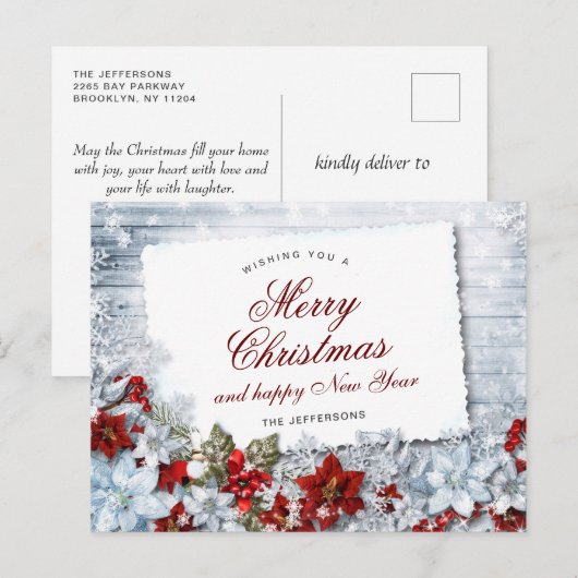 Red Poinsettia Holly Rustic kerstgroet Briefkaart (Voorkant / Achterkant)