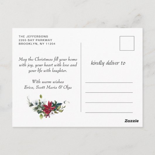 Red Poinsettia Holly Rustic kerstgroet Briefkaart (Achterkant)