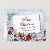 Red Poinsettia Holly Rustic kerstgroet Briefkaart (Voorkant / Achterkant)