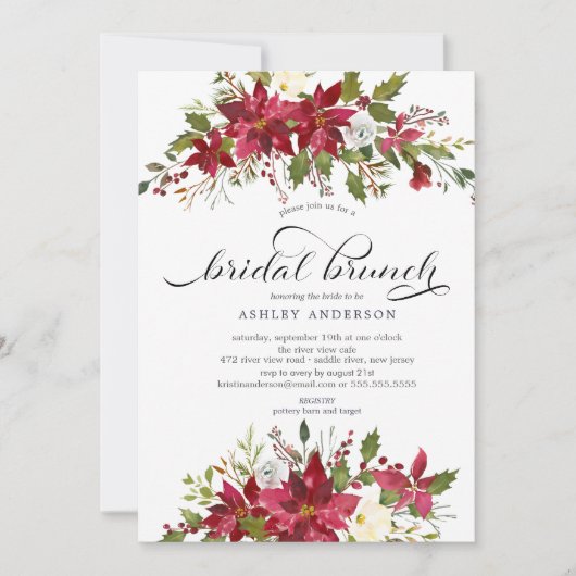 Red Poinsettia Holly Vrijgezellenfeest Brunch Kaart (Voorkant)