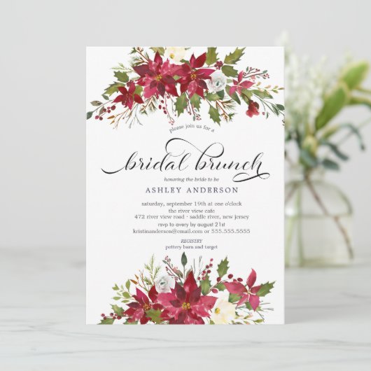 Red Poinsettia Holly Vrijgezellenfeest Brunch Kaart (Staand voorkant)