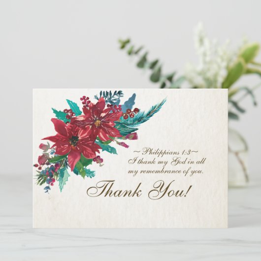 Red Poinsettia Inspirerend Bijbel Verse Kerstmis Bedankkaart (Staand voorkant)
