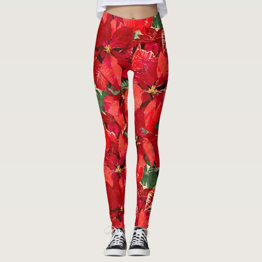 Red Poinsettia kerst Leggings (Voorkant)