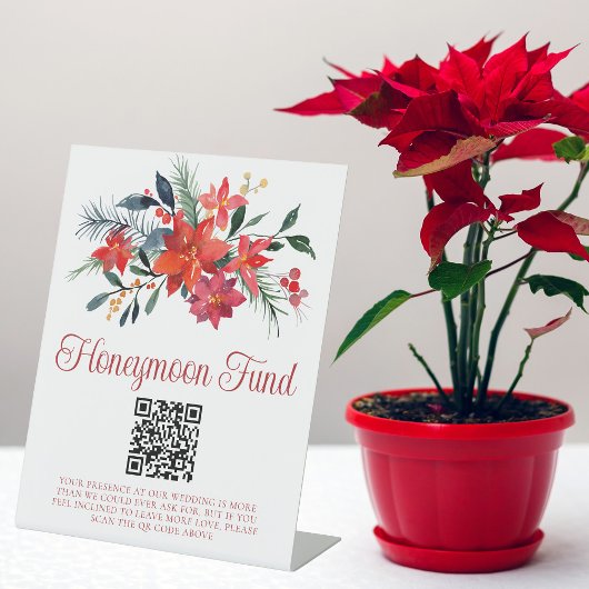 Red Poinsettia kerstbruiloft Honeymoon Fonds Reclamebord Met Voetstuk