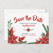 Red Poinsettia kerstbruiloft redt de datum Aankondigingskaart (Voorkant / Achterkant)