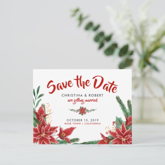 Red Poinsettia kerstbruiloft redt de datum Aankondigingskaart (Staand voorkant)