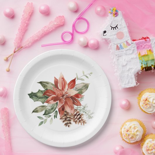 Red Poinsettia kerstgroen Papieren Bordje (Feest)