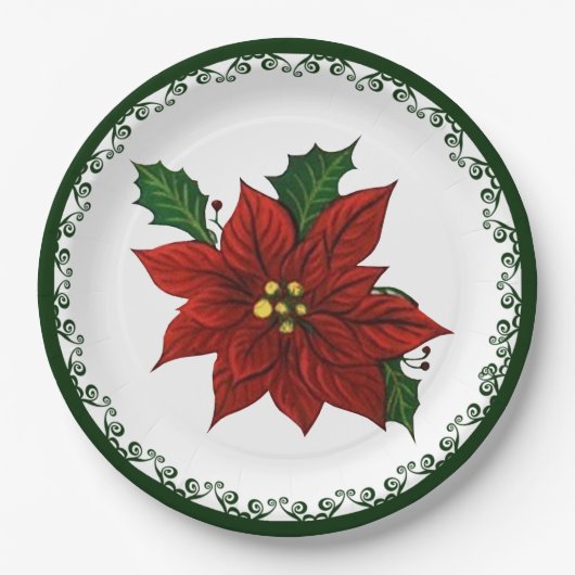 Red Poinsettia Kerstmis Floral Holiday Papieren Bordje (Voorkant)