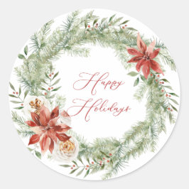 Red Poinsettia Kerstmis Greenery Wreath Ronde Sticker
