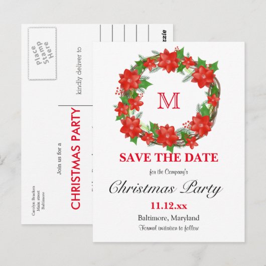 Red Poinsettia Kerstmis grote monogram feestdag Briefkaart (Voorkant / Achterkant)