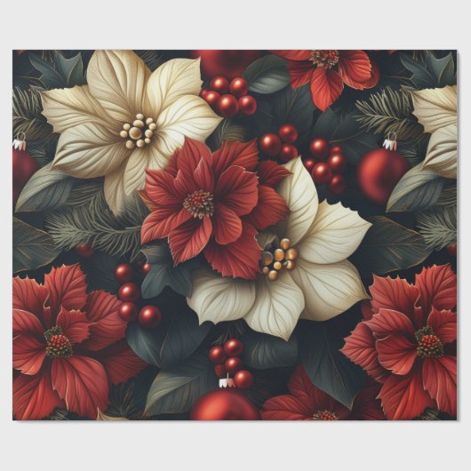 Red Poinsettia kerstpatroon Cadeaupapier (Vlak)