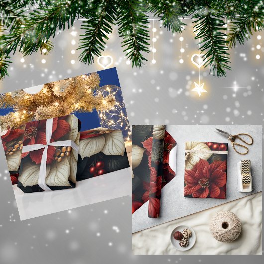 Red Poinsettia kerstpatroon Cadeaupapier