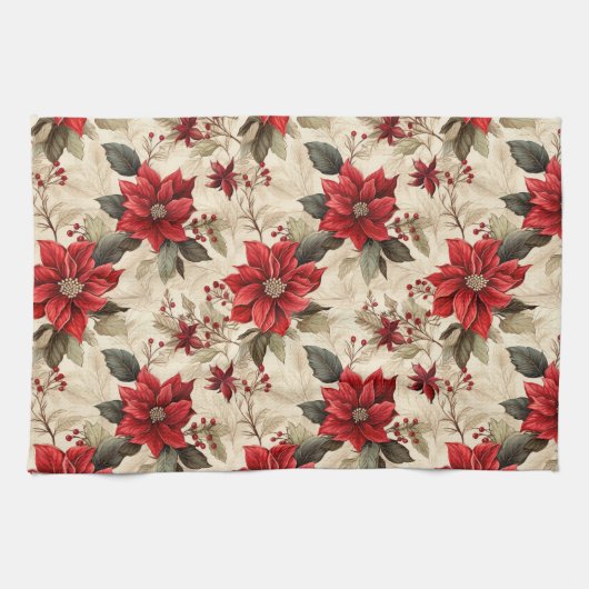 Red Poinsettia Kitchen Towel Classic Holiday Look Theedoek (Horizontaal)