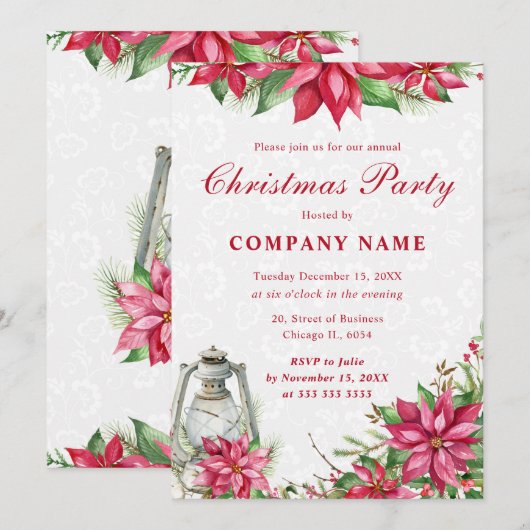 Red Poinsettia & Lantern Corporate Kerstmis Kaart (Voorkant / Achterkant)
