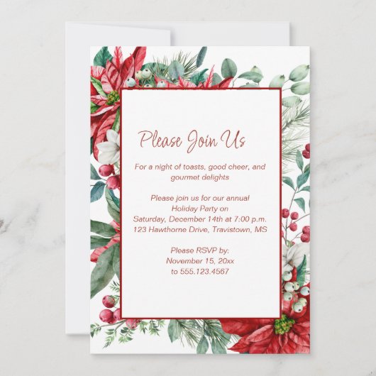 Red Poinsettia, Mistletoe, Berries kerstfeest Kaart (Voorkant)