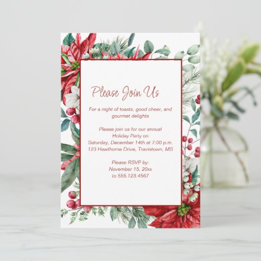 Red Poinsettia, Mistletoe, Berries kerstfeest Kaart (Staand voorkant)